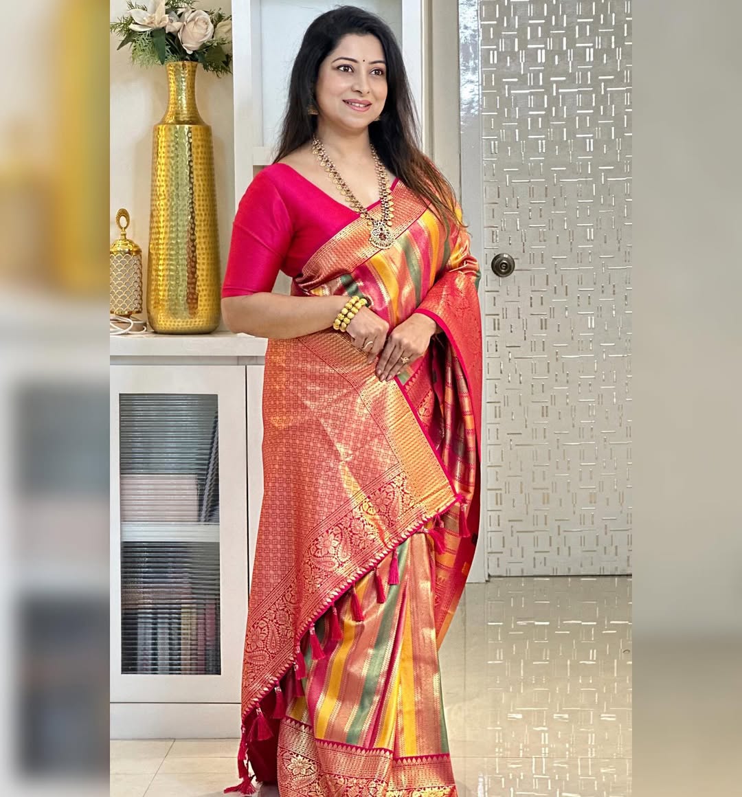 Premium Multicolor Kanjivaram Silk Saree with Pink Contrast Border & Rich Zari Weaving
