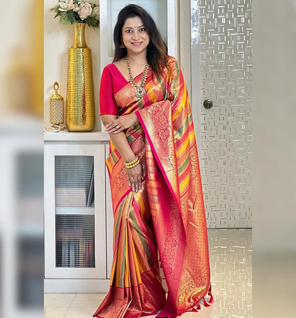Premium Multicolor Kanjivaram Silk Saree with Pink Contrast Border & Rich Zari Weaving