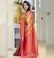 Premium Multicolor Kanjivaram Silk Saree with Pink Contrast Border & Rich Zari Weaving