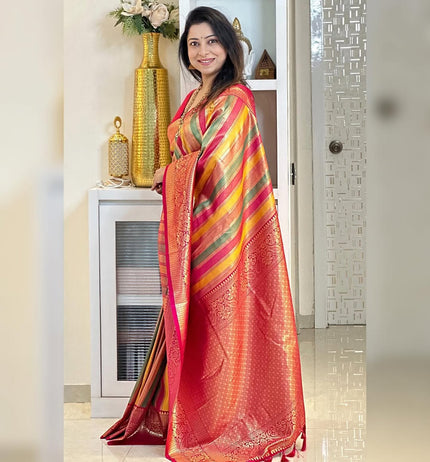 Premium Multicolor Kanjivaram Silk Saree with Pink Contrast Border & Rich Zari Weaving