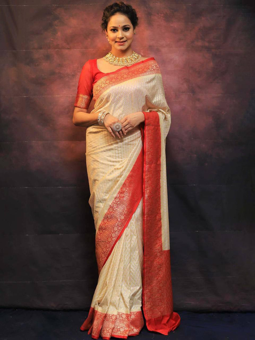 Luxury Cream Kanjivaram Silk Saree with Coral Red Zari Border & Rich Traditional Weaving