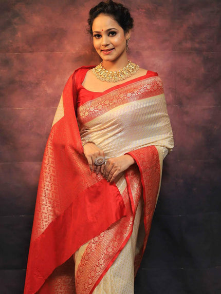 Luxury Cream Kanjivaram Silk Saree with Coral Red Zari Border & Rich Traditional Weaving