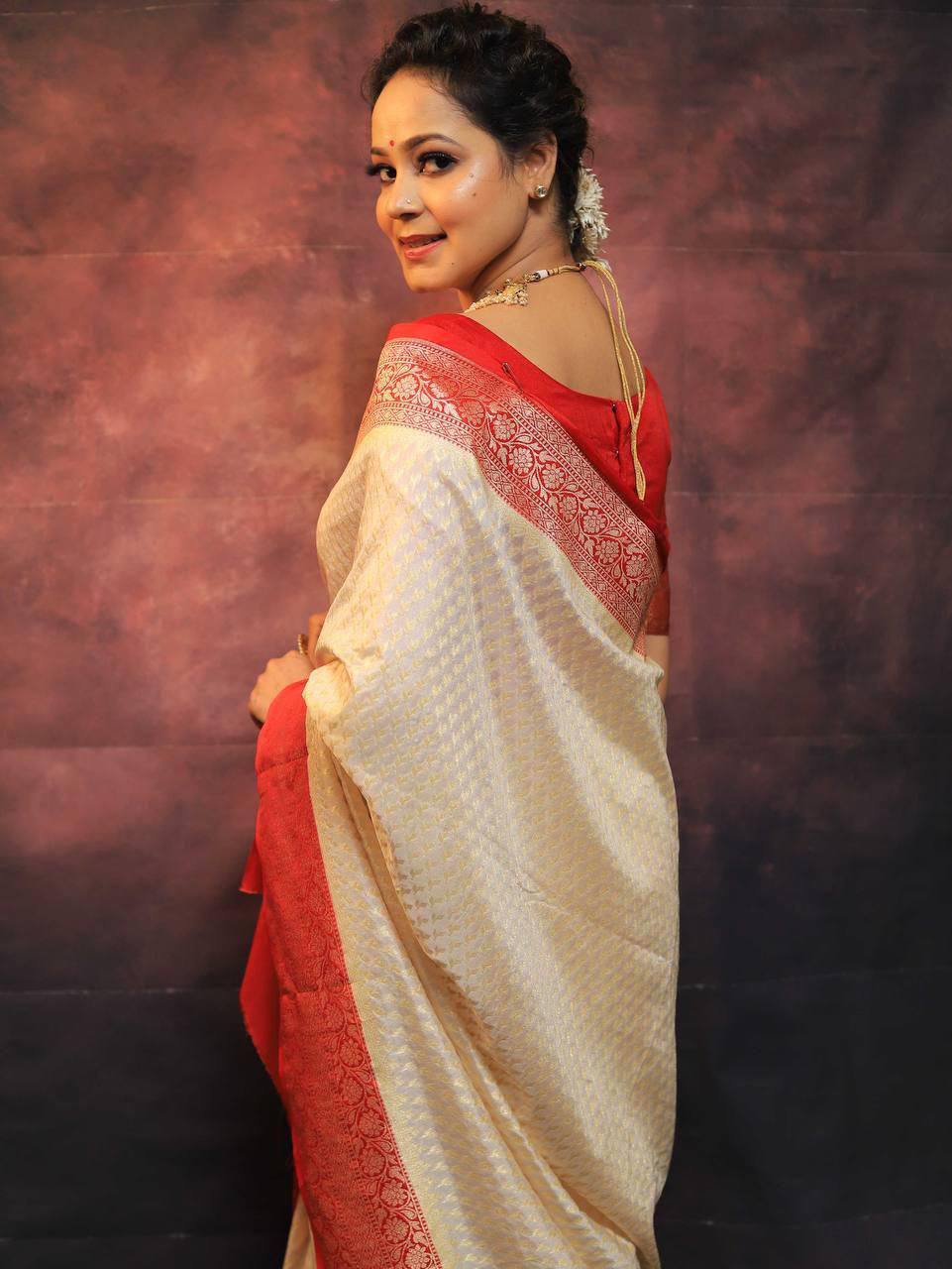 Luxury Cream Kanjivaram Silk Saree with Coral Red Zari Border & Rich Traditional Weaving