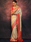 Luxury Cream Kanjivaram Silk Saree with Coral Red Zari Border & Rich Traditional Weaving
