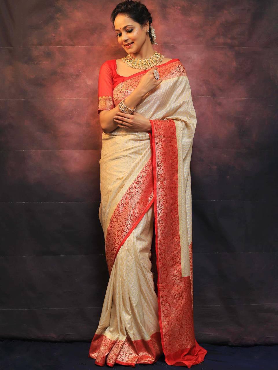 Luxury Cream Kanjivaram Silk Saree with Coral Red Zari Border & Rich Traditional Weaving