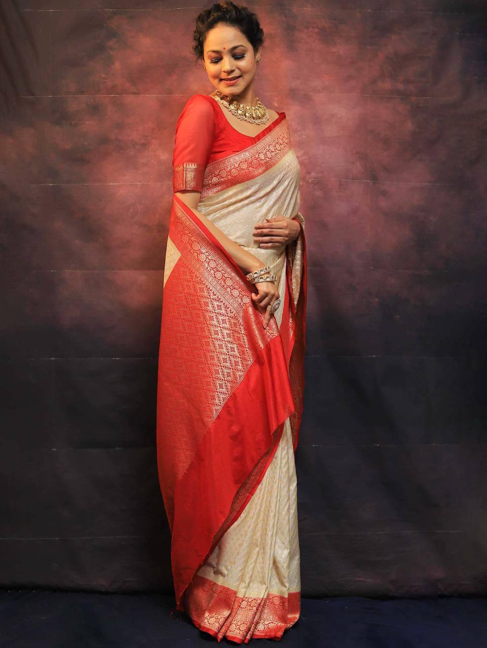 Luxury Cream Kanjivaram Silk Saree with Coral Red Zari Border & Rich Traditional Weaving
