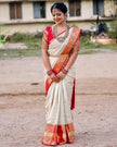 Traditional Off White Kanjivaram Silk Saree with Red Contrast Border & Rich Gold Zari Weaving