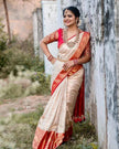 Traditional Off White Kanjivaram Silk Saree with Red Contrast Border & Rich Gold Zari Weaving
