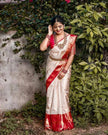 Traditional Off White Kanjivaram Silk Saree with Red Contrast Border & Rich Gold Zari Weaving