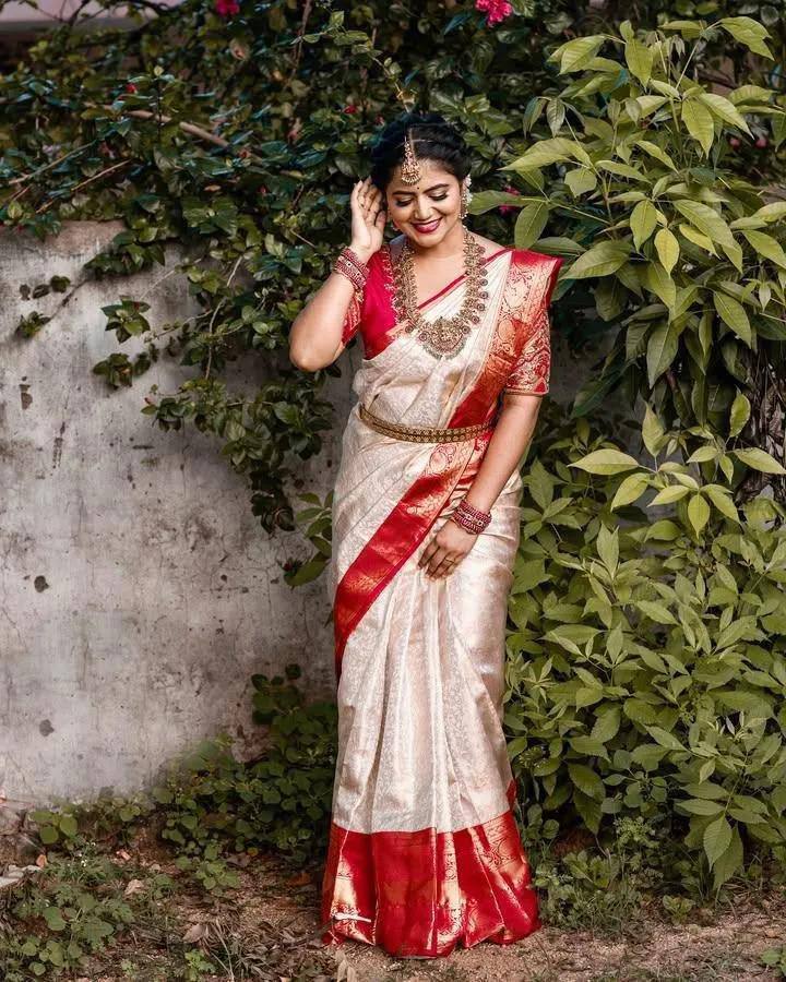Traditional Off White Kanjivaram Silk Saree with Red Contrast Border & Rich Gold Zari Weaving