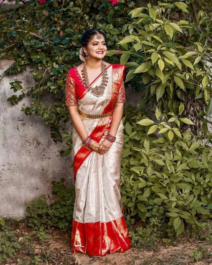 Traditional Off White Kanjivaram Silk Saree with Red Contrast Border & Rich Gold Zari Weaving