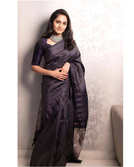 Designer Black Satin Silk Saree with Metallic Striped Weaving & Elegant Modern Drape
