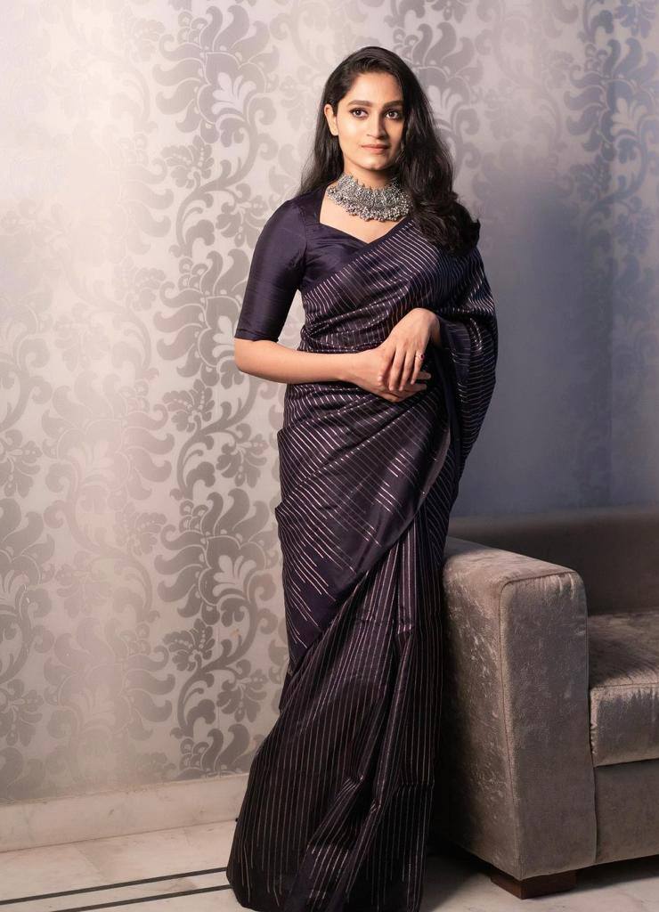 Designer Black Satin Silk Saree with Metallic Striped Weaving & Elegant Modern Drape