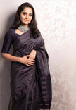 Designer Black Satin Silk Saree with Metallic Striped Weaving & Elegant Modern Drape