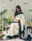 Elegant Kerala Kasavu Cotton Saree with Black Contrast Border & Silver Zari Weaving