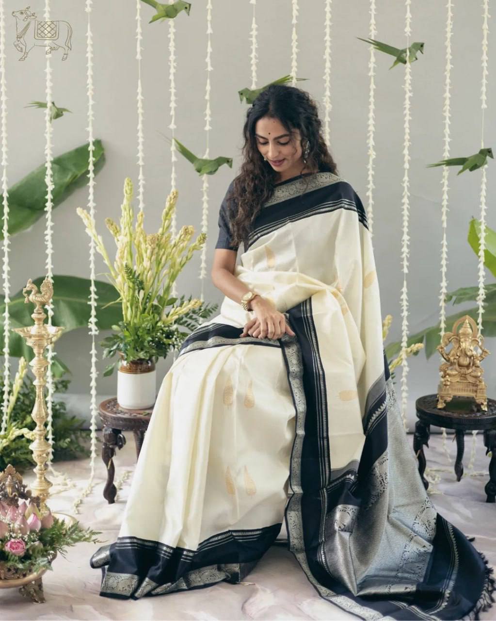 Elegant Kerala Kasavu Cotton Saree with Black Contrast Border & Silver Zari Weaving