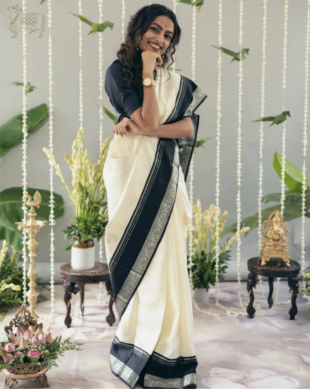 Elegant Kerala Kasavu Cotton Saree with Black Contrast Border & Silver Zari Weaving