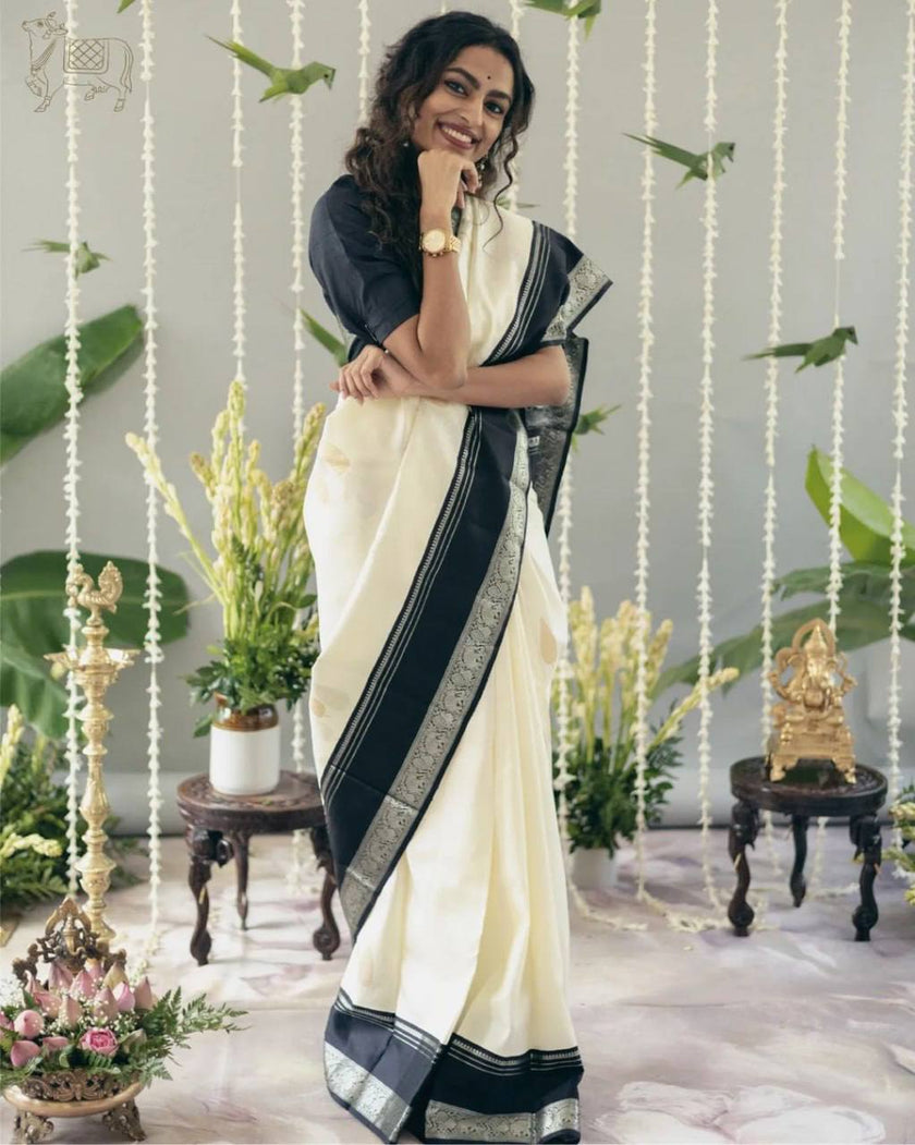 Elegant Kerala Kasavu Cotton Saree with Black Contrast Border & Silver Zari Weaving
