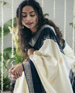 Elegant Kerala Kasavu Cotton Saree with Black Contrast Border & Silver Zari Weaving