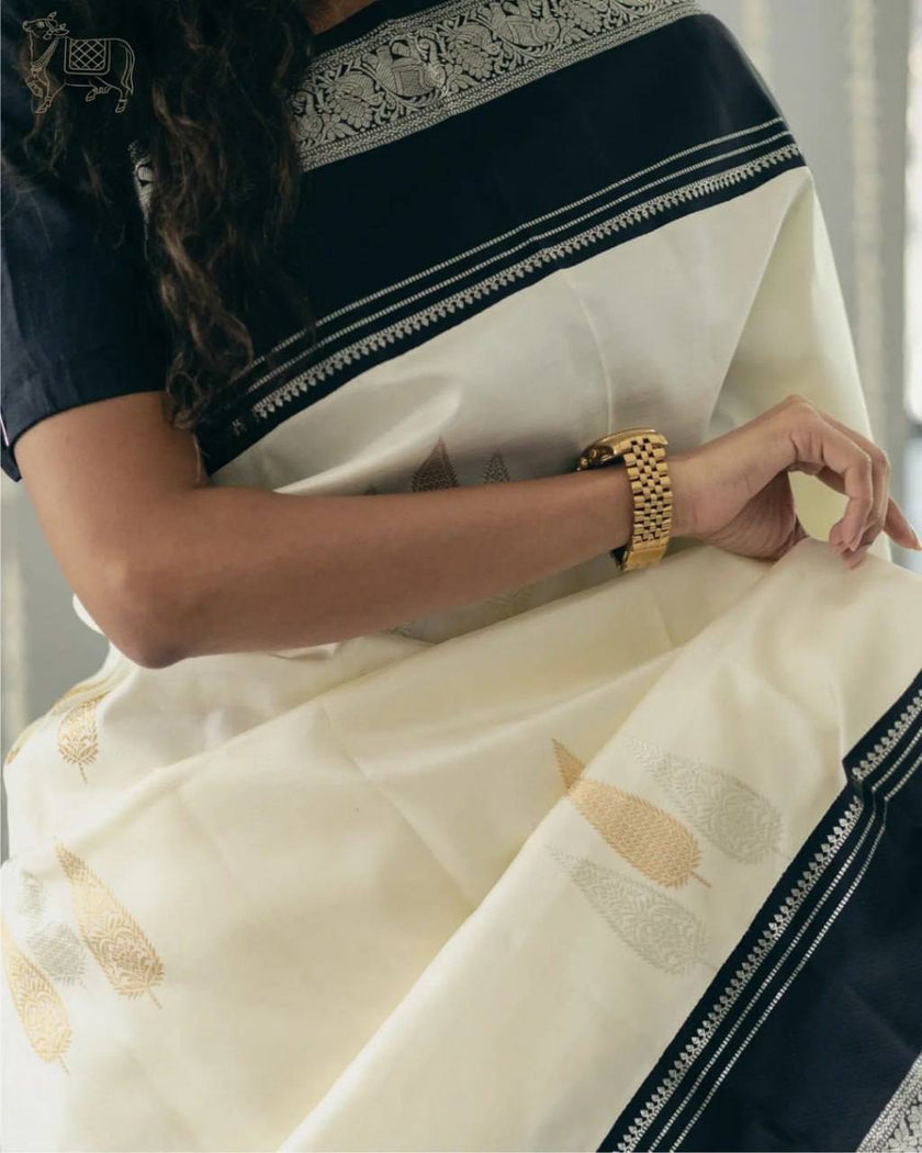Elegant Kerala Kasavu Cotton Saree with Black Contrast Border & Silver Zari Weaving