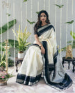 Elegant Kerala Kasavu Cotton Saree with Black Contrast Border & Silver Zari Weaving
