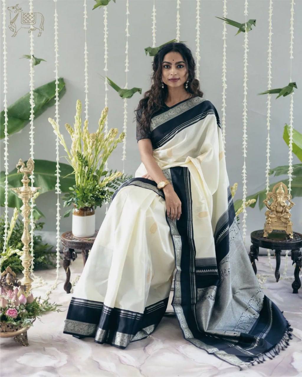 Elegant Kerala Kasavu Cotton Saree with Black Contrast Border & Silver Zari Weaving