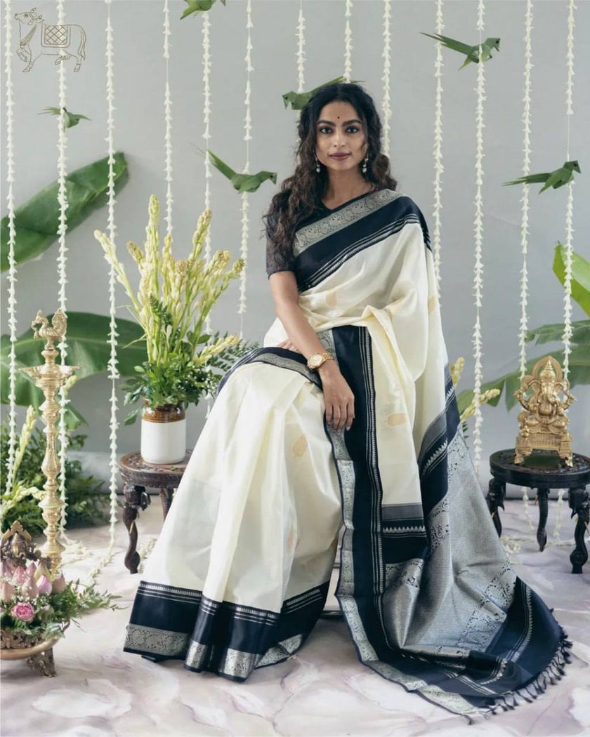 Elegant Kerala Kasavu Cotton Saree with Black Contrast Border & Silver Zari Weaving