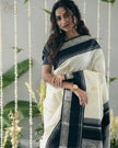 Elegant Kerala Kasavu Cotton Saree with Black Contrast Border & Silver Zari Weaving