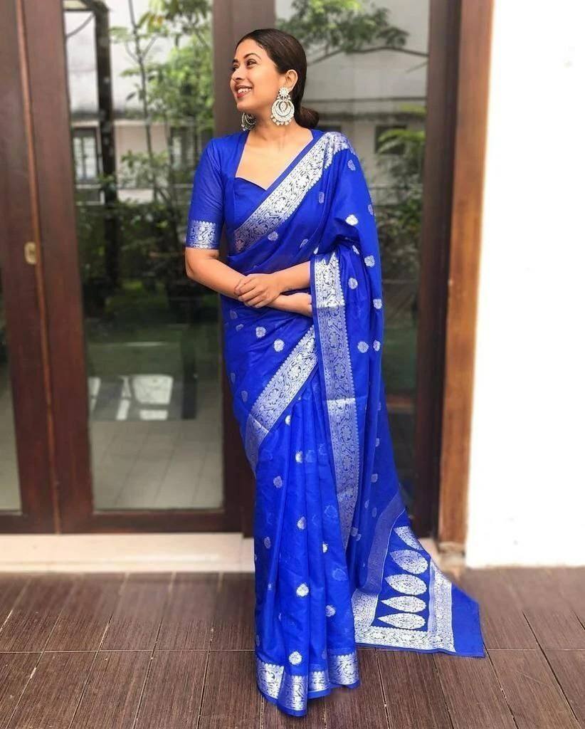 Elegant Royal Blue Banarasi Silk Saree with Silver Zari Butti Work & Rich Woven Border