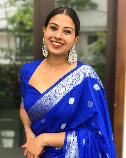Elegant Royal Blue Banarasi Silk Saree with Silver Zari Butti Work & Rich Woven Border