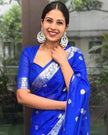 Elegant Royal Blue Banarasi Silk Saree with Silver Zari Butti Work & Rich Woven Border