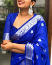 Elegant Royal Blue Banarasi Silk Saree with Silver Zari Butti Work & Rich Woven Border
