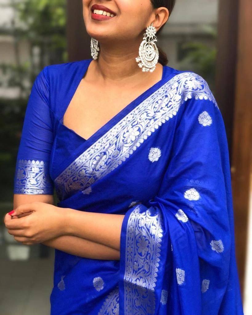 Elegant Royal Blue Banarasi Silk Saree with Silver Zari Butti Work & Rich Woven Border