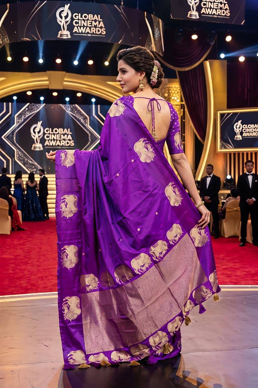 Celebrity Style Royal Purple Banarasi Silk Saree with Gold Zari Peacock Motifs