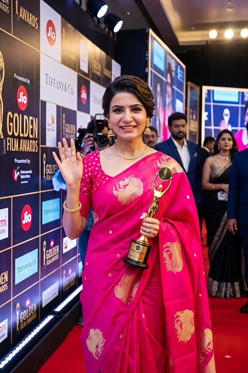 Celebrity Style Hot Pink Banarasi Silk Saree with Gold Zari Peacock Motifs