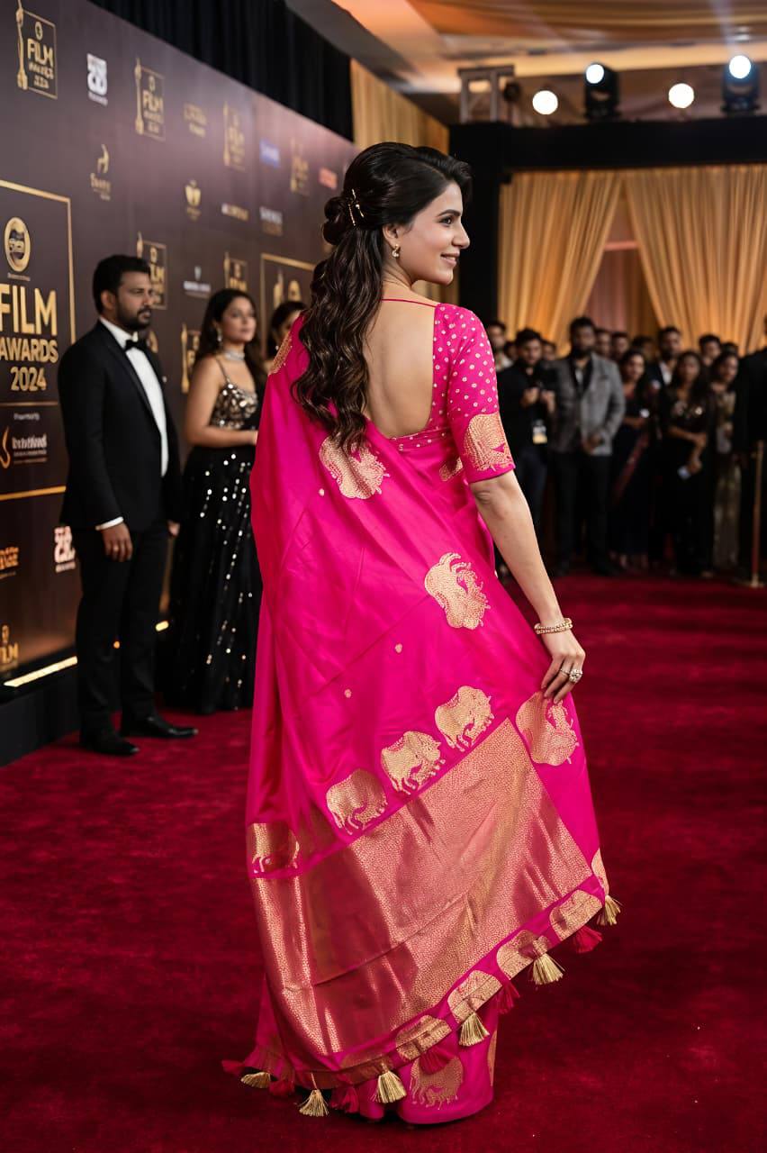 Celebrity Style Hot Pink Banarasi Silk Saree with Gold Zari Peacock Motifs
