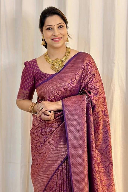 Luxury Mauve Pink Kanjivaram Silk Saree with Antique Rose Gold Paisley Weaving