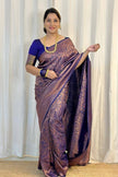 Luxury Royal Purple Kanjivaram Silk Saree with Antique Rose Gold Paisley Weaving