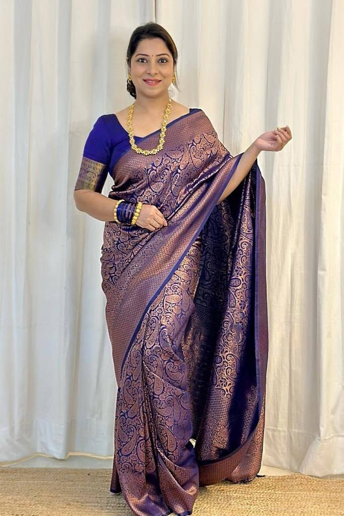 Luxury Royal Purple Kanjivaram Silk Saree with Antique Rose Gold Paisley Weaving