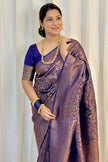 Luxury Royal Purple Kanjivaram Silk Saree with Antique Rose Gold Paisley Weaving