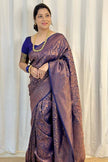 Luxury Royal Purple Kanjivaram Silk Saree with Antique Rose Gold Paisley Weaving