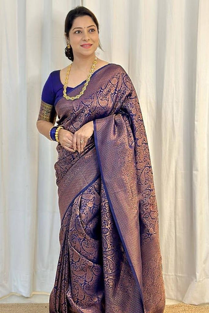 Luxury Royal Purple Kanjivaram Silk Saree with Antique Rose Gold Paisley Weaving