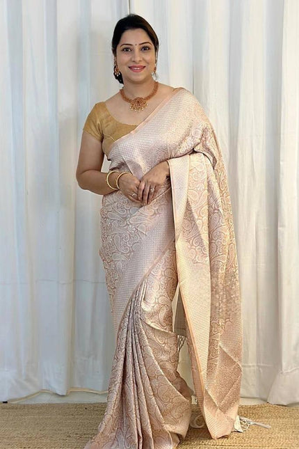 Luxury Blush Beige Kanjivaram Silk Saree with Elegant Self Zari Floral Weaving
