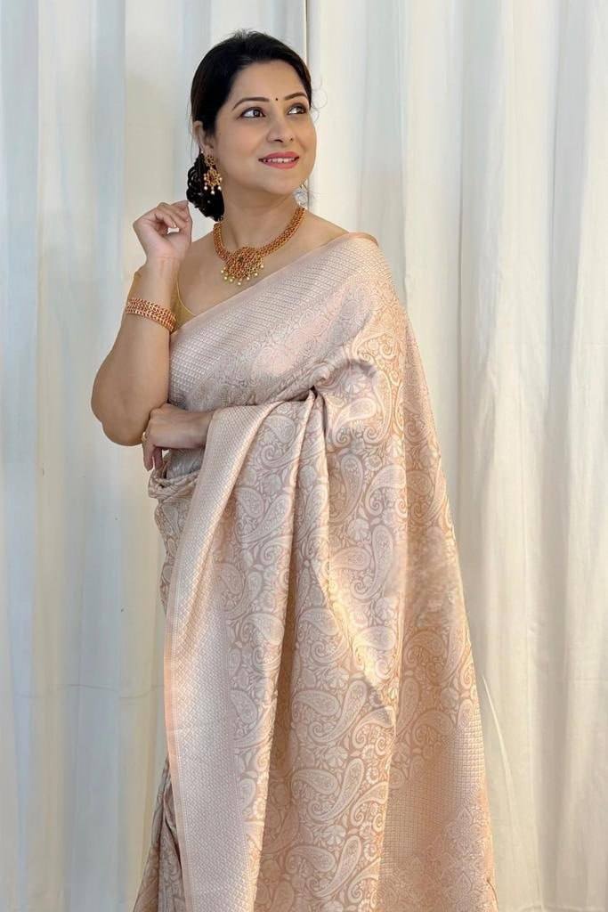 Luxury Blush Beige Kanjivaram Silk Saree with Elegant Self Zari Floral Weaving