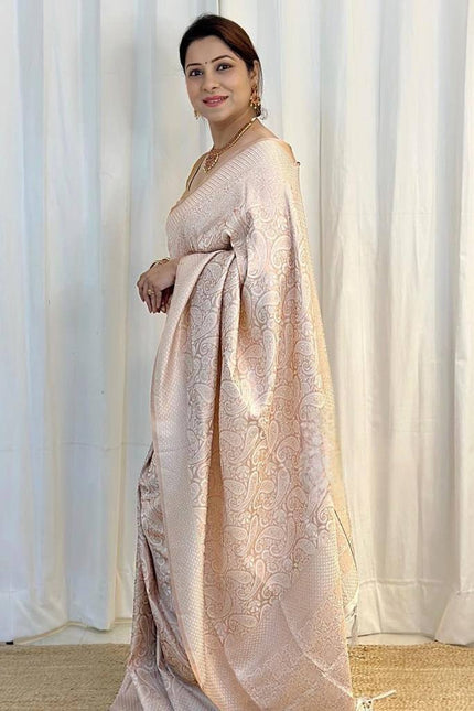Luxury Blush Beige Kanjivaram Silk Saree with Elegant Self Zari Floral Weaving