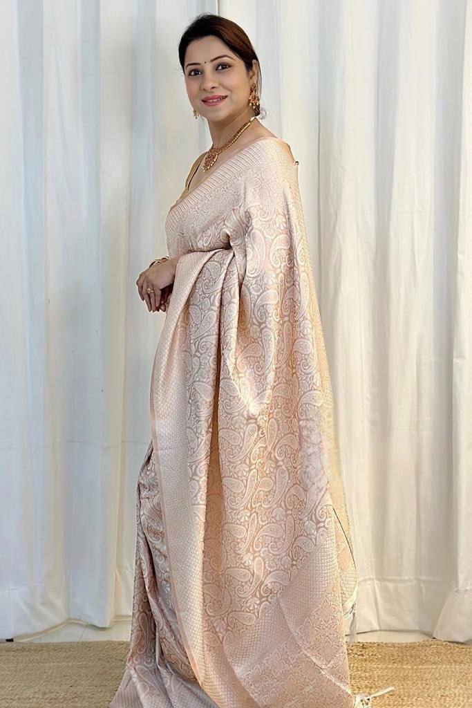 Luxury Blush Beige Kanjivaram Silk Saree with Elegant Self Zari Floral Weaving