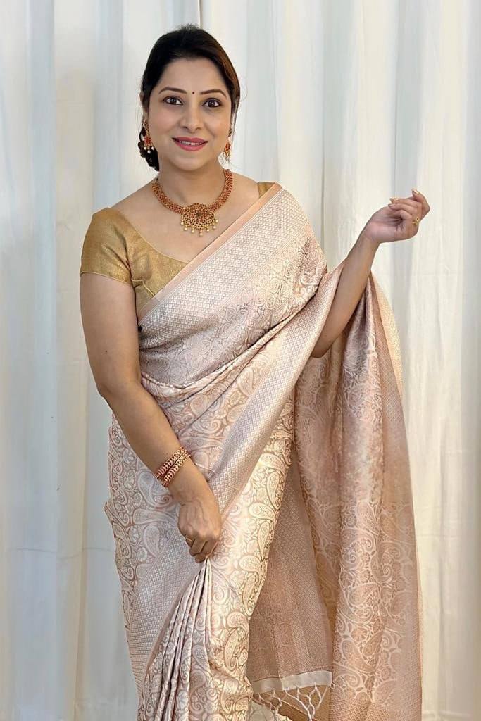 Luxury Blush Beige Kanjivaram Silk Saree with Elegant Self Zari Floral Weaving
