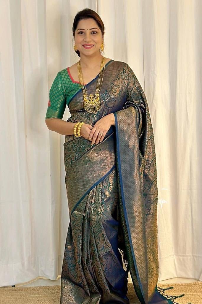 Luxury Peacock Blue Kanjivaram Silk Saree with Antique Gold Floral Weaving & Rich Pallu
