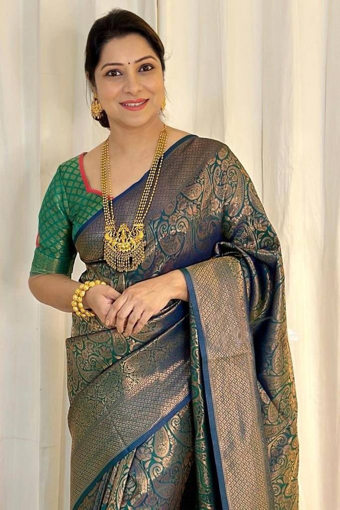 Luxury Peacock Blue Kanjivaram Silk Saree with Antique Gold Floral Weaving & Rich Pallu
