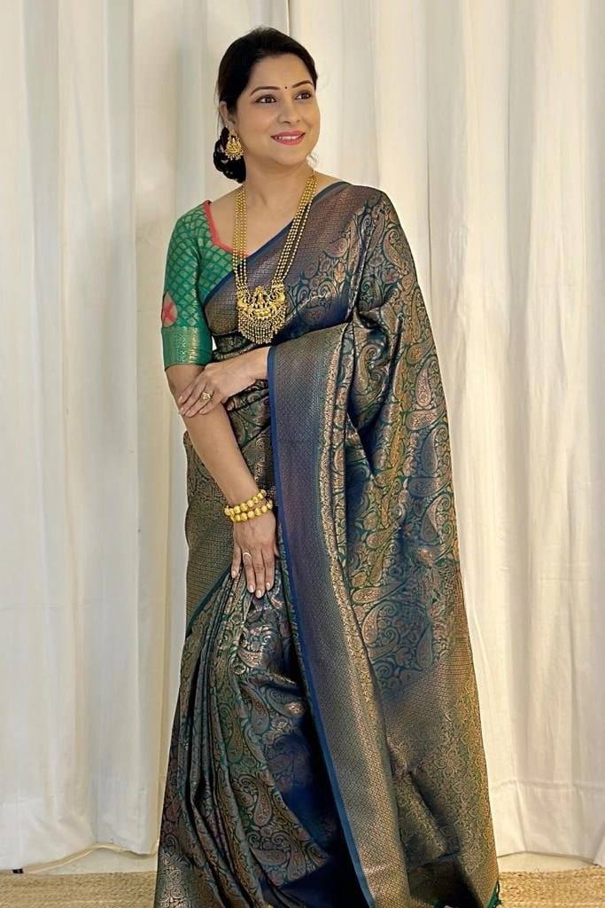 Luxury Peacock Blue Kanjivaram Silk Saree with Antique Gold Floral Weaving & Rich Pallu